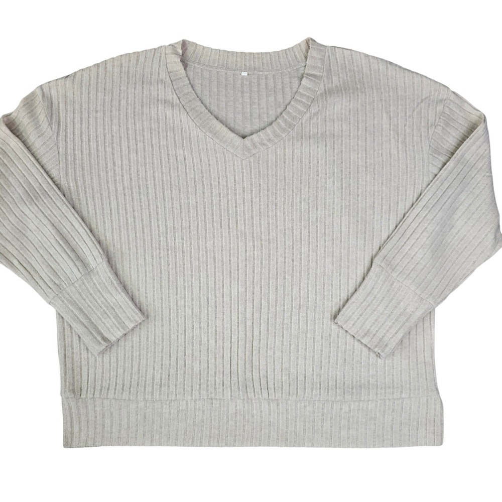 Womens XL Ribbed‎ V Neck Pullover Top Long Sleeve Beige Soft Brushed Fabric